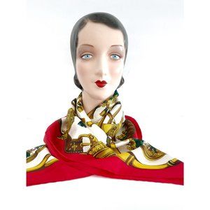 Vintage French Red Green Gold Equestrian Hunting Scene Silk Scarf